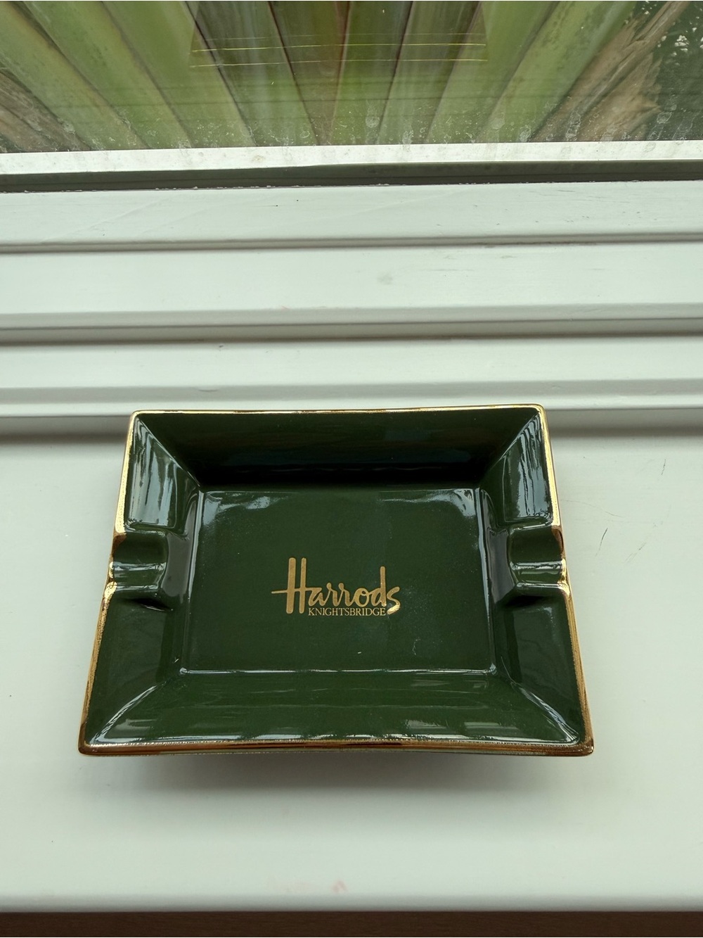 Harrods Green Ceramic Ashtray with Gold Trim